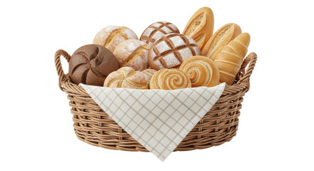 Isolated basket of fresh assorted breads and rolls for breakfast or bakery product display