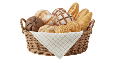Isolated basket of fresh assorted breads and rolls for breakfast or bakery product display