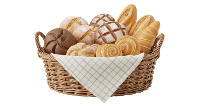 Isolated basket of fresh assorted breads and rolls for breakfast or bakery product display