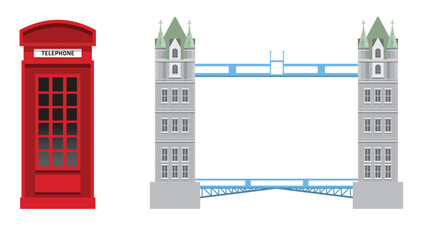 Illustration of the iconic London Bridge with a traditional British red phone cabin booth nearby