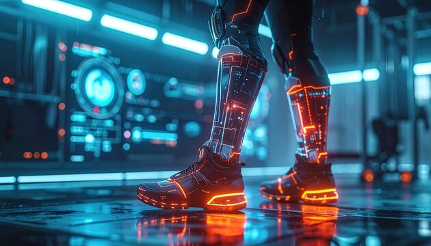 Advanced bionic limbs and glowing powered boots representing the future of human augmentation and cyberpunk technology