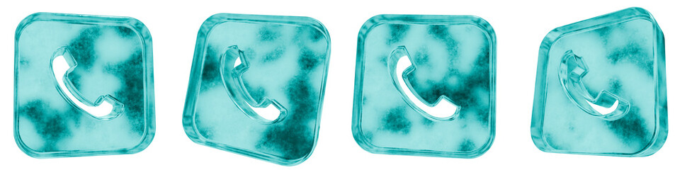 Set of four 3D call square shapes in frosted blue ice glass style, isolated on a transparent background. Glassmorphism icons and 3D elements for modern graphic design.