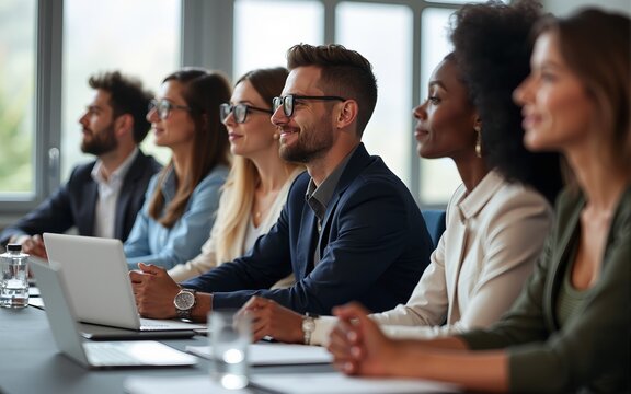 Diverse group of professionals attending a corporate seminar and engaging in discussion. High quality