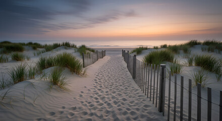 Fototapeta premium Sandy Path Leading to Ocean at Dawn with Wooden Fence and Dune Grass in Coastal Scenery