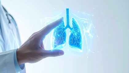 Medical professional analyzing a futuristic digital hologram of human lungs, representing innovation in healthcare technology and respiratory diagnostics