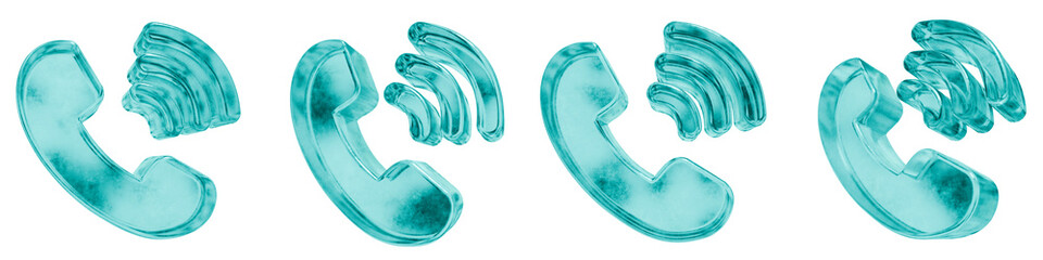 Set of four 3D calling shapes in frosted blue ice glass style, isolated on a transparent background. Glassmorphism icons and 3D elements for modern graphic design.