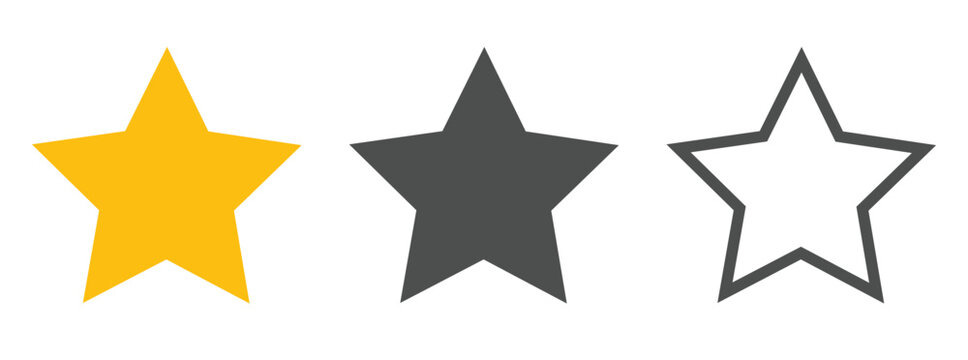 Yellow star, silver star, black outline star vector on plain background.