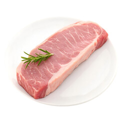 Fototapeta premium Raw Pork Loin Steak with Marbling and Rosemary on White Plate raw meat marbled