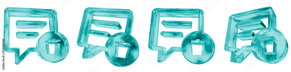 Poster set of four 3d chat delete shapes in frosted blue ice glass style, isolated on a transparent backgro