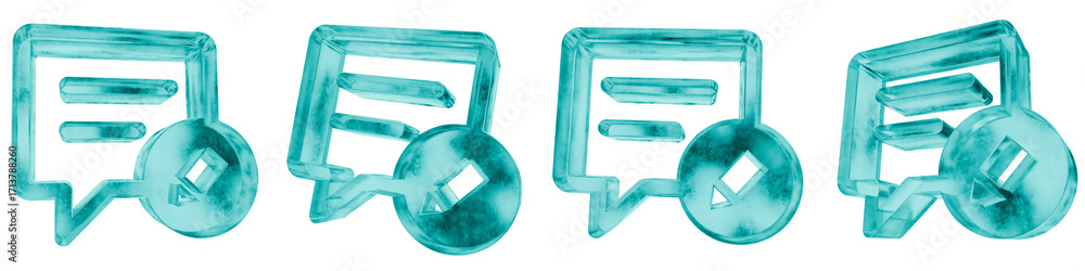 Poster set of four 3d chat edit shapes in frosted blue ice glass style, isolated on a transparent backgroun