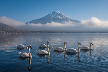 Serene lake scene with five elegant swans gracefully gliding across calm water, a majestic snow-capped mountain majestically rising in the background under a clear blue sky
