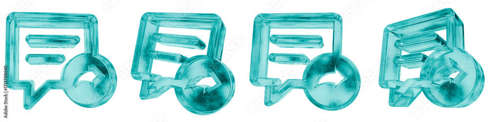 Poster set of four 3d chat forward shapes in frosted blue ice glass style, isolated on a transparent backgr
