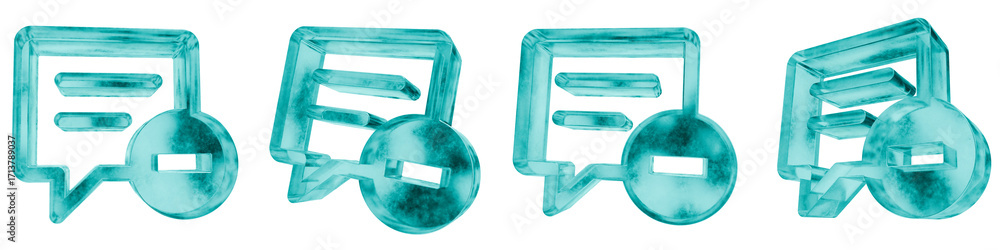 Poster set of four 3d chat remove shapes in frosted blue ice glass style, isolated on a transparent backgro