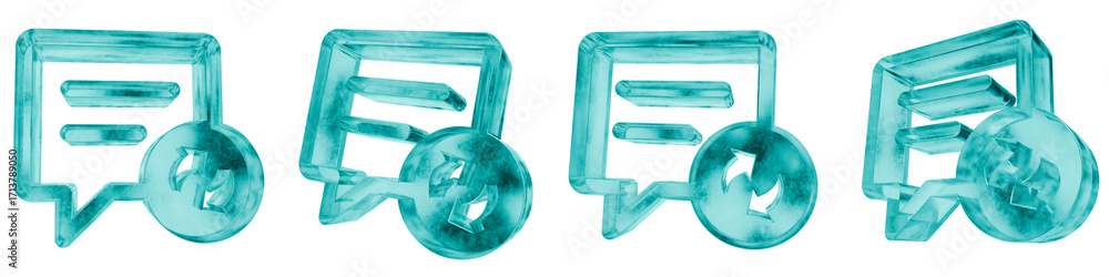 Poster set of four 3d chat refresh shapes in frosted blue ice glass style, isolated on a transparent backgr