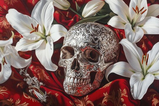 A silver skull adorned with intricate filigree patterns rests amidst a profusion of white lilies on a rich red fabric, creating a captivating still life composition. - Powered by Adobe
