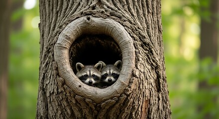 Obraz premium Two raccoons peeking from a tree hollow