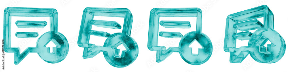 Poster set of four 3d chat upload shapes in frosted blue ice glass style, isolated on a transparent backgro