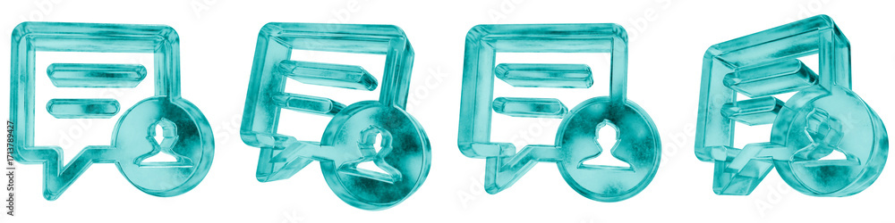 Poster set of four 3d chat user shapes in frosted blue ice glass style, isolated on a transparent backgroun