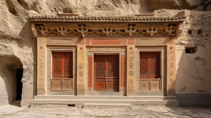 Naklejka premium Northwest Grotto Temple Architectural Details, Brick-Carving Wood-Carving Door Decoration Cliff Temple, Historical Cultural Heritage Religious Architecture Design Reference Material