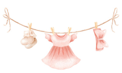 A clothesline with baby clothes for girls. Watercolor illustration for newborns.