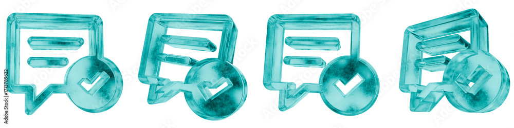 Poster set of four 3d chat verify shapes in frosted blue ice glass style, isolated on a transparent backgro