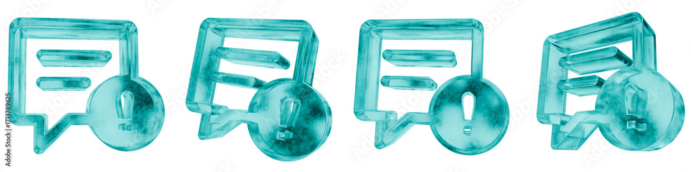 Poster set of four 3d chat warning shapes in frosted blue ice glass style, isolated on a transparent backgr