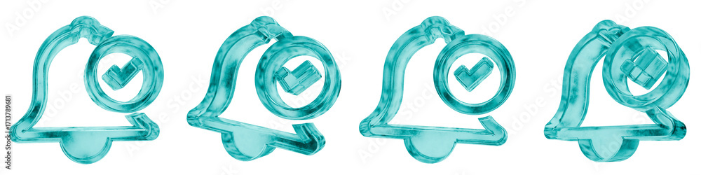 Poster set of four 3d checkmark bell notification shapes in frosted blue ice glass style, isolated on a tra