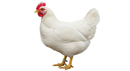 Isolated, beautiful, well-fed white chicken in a relaxed pose, domestic animal in full view