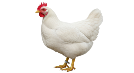 Isolated, beautiful, well-fed white chicken in a relaxed pose, domestic animal in full view