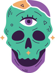 Vibrant Teal Skull with Third Eye, Purple Jaw, and Mystical Star Accents