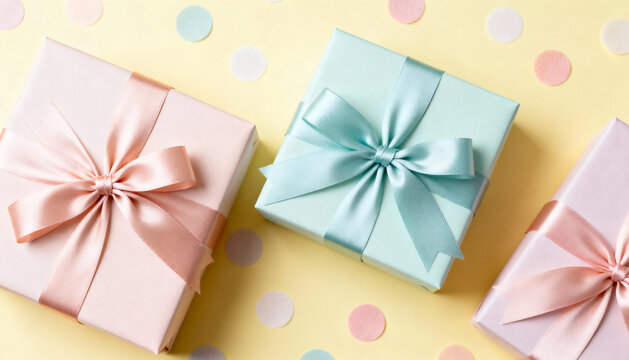 Gift Boxes: Three pastel gift boxes tied with satin ribbons arranged on a soft yellow surface, with confetti adding a touch of celebratory flair and a sense of anticipation.