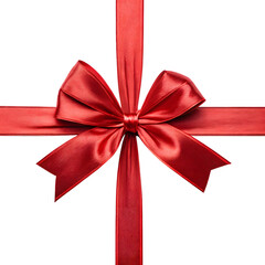 Shiny red satin ribbon bow isolated on white background, elegant gift wrap decoration with smooth texture, perfect for celebration, packaging, holiday, and festive design themes.