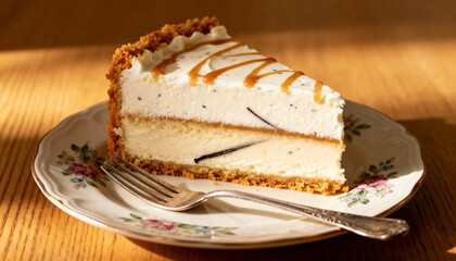 Slice of Cake with Caramel Drizzle: A delectable slice of cake sits elegantly on a vintage plate, a tantalizing swirl of caramel gracefully drizzled across its surface.