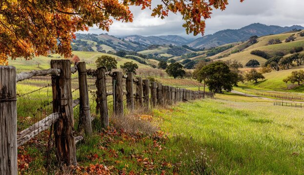 Autumnal hills, weathered fence, green fields - Powered by Adobe