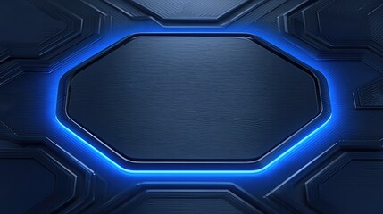 Futuristic blue metallic tech background featuring an illuminated octagonal panel, circuit-like patterns and a textured metal surface.