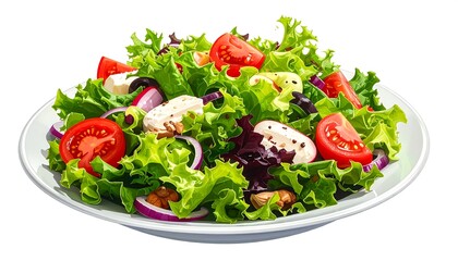A vibrant, colorful salad presentation on a white plate, showcasing fresh greens, tomatoes, cheese, walnuts, and red onion.