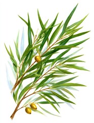 Obraz premium Botanical illustration of a branch with vibrant green leaves and yellow-green berries