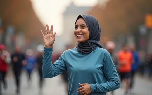 Smiling muslim female runner waving during marathon event. High quality - Powered by Adobe