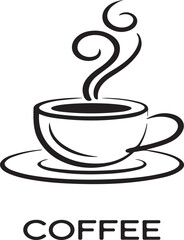 Simple Black and White Line Art of a Steaming Coffee Cup with Saucer and 'COFFEE' Text