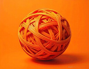 Orange Woven Sphere on Orange Background, Abstract Art