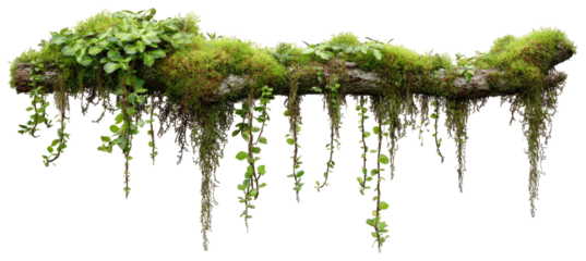 Lush moss-covered log with hanging plants