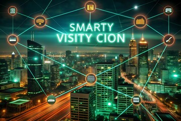 Smart City Network Overlay on Urban Nightscape cityscape