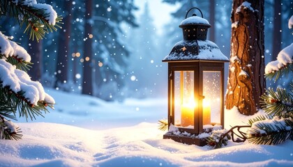 Naklejka premium A Christmas lantern with a festive star light glows in the cold December snow, illuminating a decorated winter tree