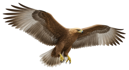 Isolated Golden Eagle in Flight, wings spread, talons extended, brown feathered plumage