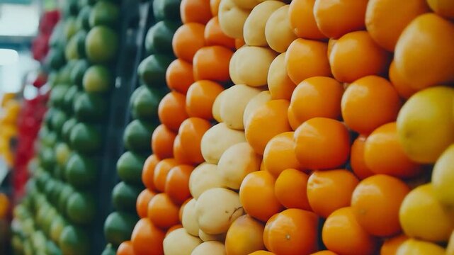 Colorful Fruit Display: Limes, Lemons, Oranges, Persimmons Stacked High