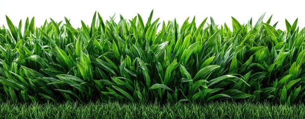 Lush green grass blades against a white background, showing a dense, vibrant texture with varied lengths and a slightly darker base