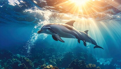Naklejka premium Two dolphins gracefully swim in vibrant blue ocean waters, illuminated by sunlight streaming through the surface.