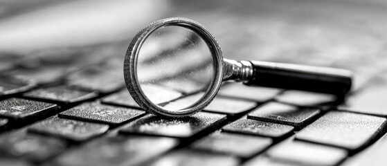 Close-up of magnifying glass on a keyboard, grayscale
