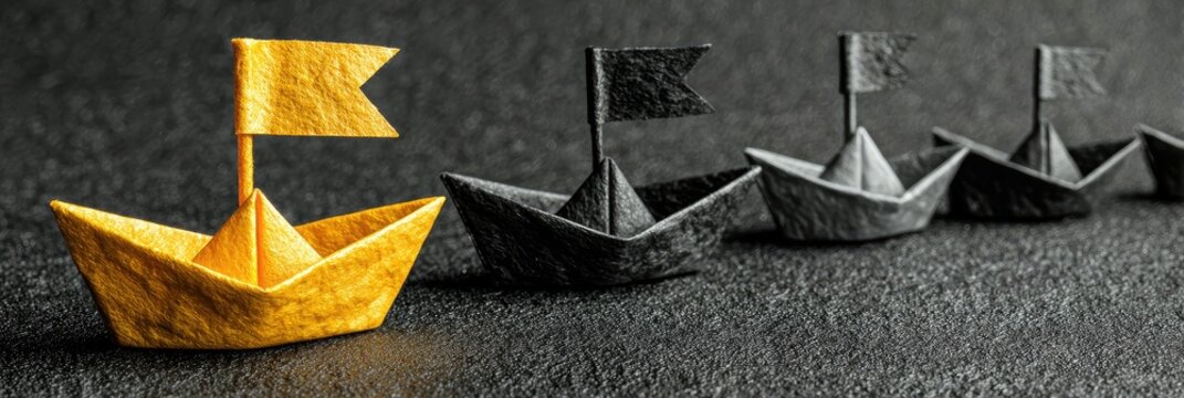 A gold origami boat leads a line of black origami boats, each with a small flag, on a dark surface, symbolizing leadership and innovation
