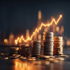Golden Coin Stacks Ascending Graph Overlay, Financial Growth Concept.